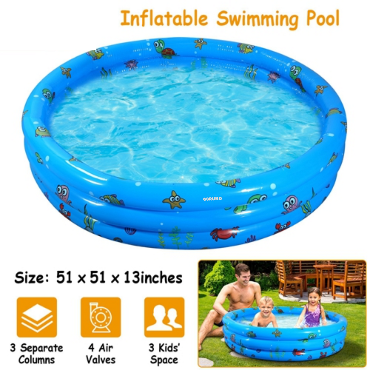 51x13 Inflatable Swimming Pool Blow Up Family Pool For 3 Kids Foldable Swim Ball Pool Center w/ 4 Valves Bottom Water Drain Plug For Indoor Backyard