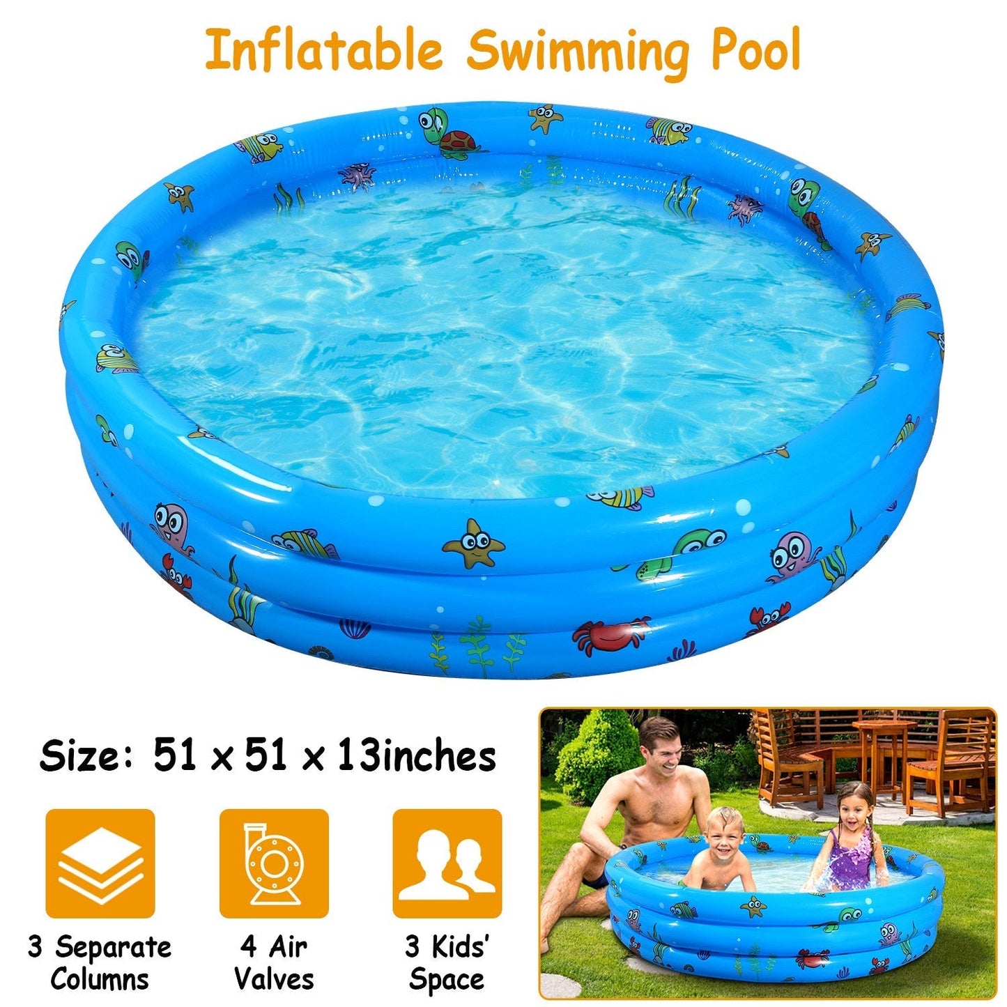 51x13 Inflatable Swimming Pool Blow Up Family Pool For 3 Kids Foldable Swim Ball Pool Center w/ 4 Valves Bottom Water Drain Plug For Indoor Backyard