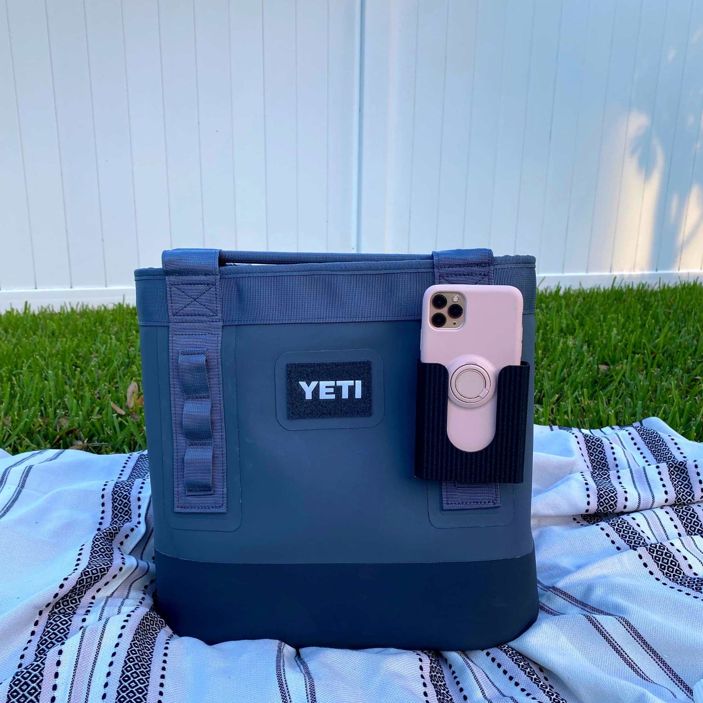 Black Phone Holder Attachment Compatible with Soft Yeti Coolers & Backpacks with Straps - Accessorize Your Cooler or Backpack & Securely Hold Your Phone - Made in USA! (Black)