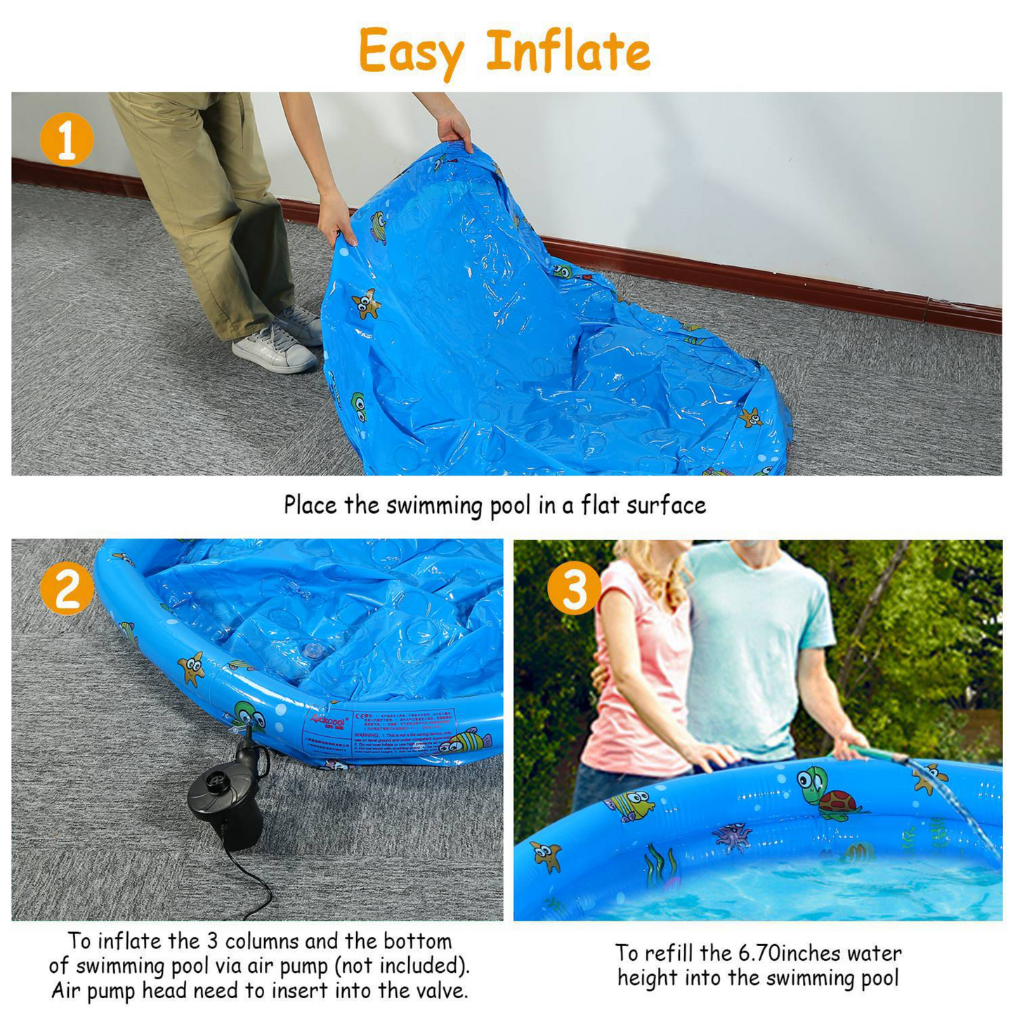 51x13 Inflatable Swimming Pool Blow Up Family Pool For 3 Kids Foldable Swim Ball Pool Center w/ 4 Valves Bottom Water Drain Plug For Indoor Backyard