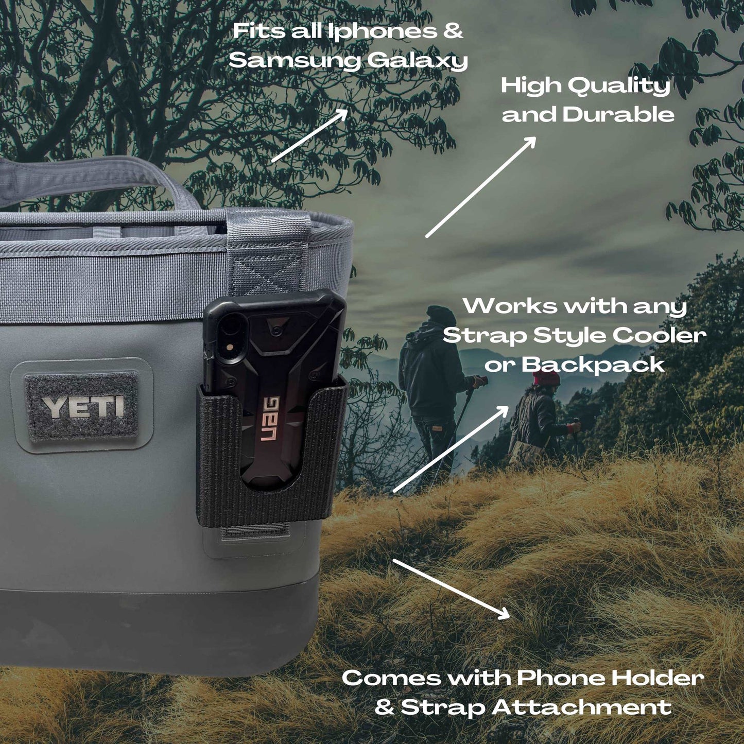 Black Phone Holder Attachment Compatible with Soft Yeti Coolers & Backpacks with Straps - Accessorize Your Cooler or Backpack & Securely Hold Your Phone - Made in USA! (Black)