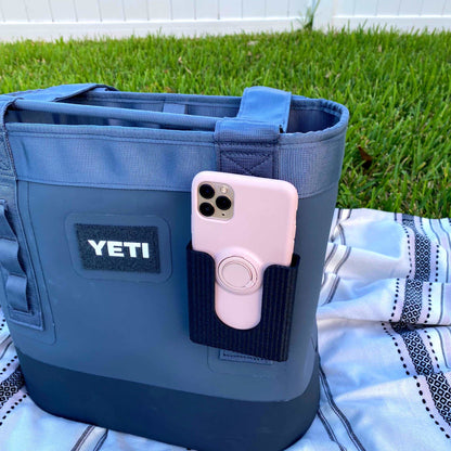Black Phone Holder Attachment Compatible with Soft Yeti Coolers & Backpacks with Straps - Accessorize Your Cooler or Backpack & Securely Hold Your Phone - Made in USA! (Black)