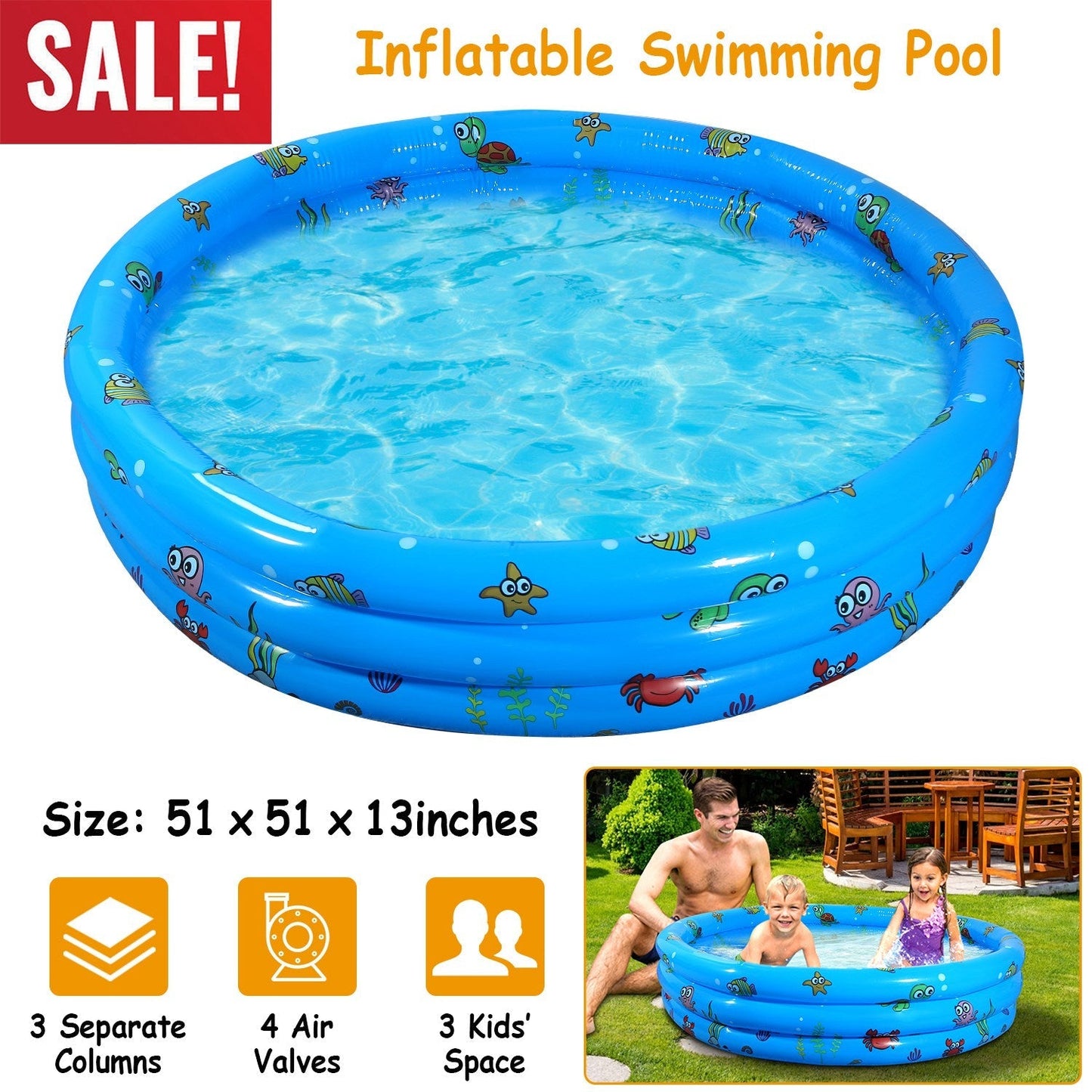 51x13 Inflatable Swimming Pool Blow Up Family Pool For 3 Kids Foldable Swim Ball Pool Center w/ 4 Valves Bottom Water Drain Plug For Indoor Backyard