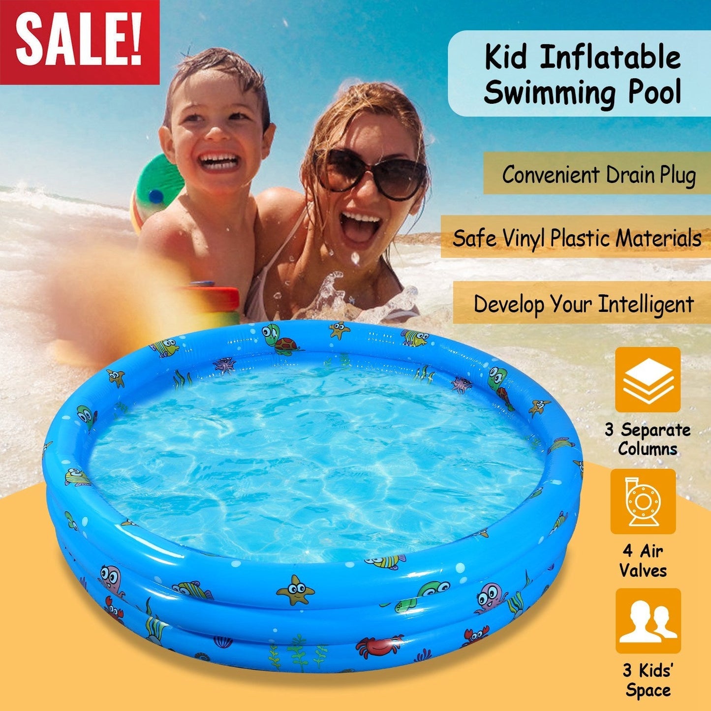 51x13 Inflatable Swimming Pool Blow Up Family Pool For 3 Kids Foldable Swim Ball Pool Center w/ 4 Valves Bottom Water Drain Plug For Indoor Backyard