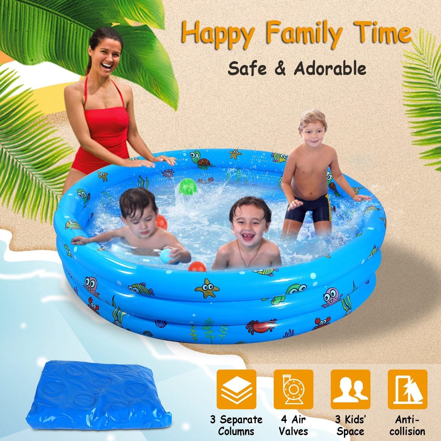 51x13 Inflatable Swimming Pool Blow Up Family Pool For 3 Kids Foldable Swim Ball Pool Center w/ 4 Valves Bottom Water Drain Plug For Indoor Backyard
