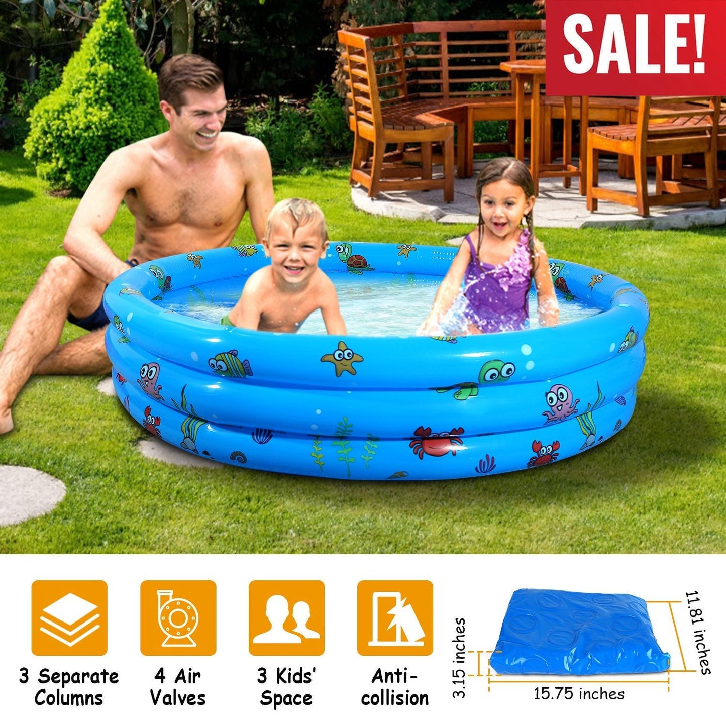 51x13 Inflatable Swimming Pool Blow Up Family Pool For 3 Kids Foldable Swim Ball Pool Center w/ 4 Valves Bottom Water Drain Plug For Indoor Backyard